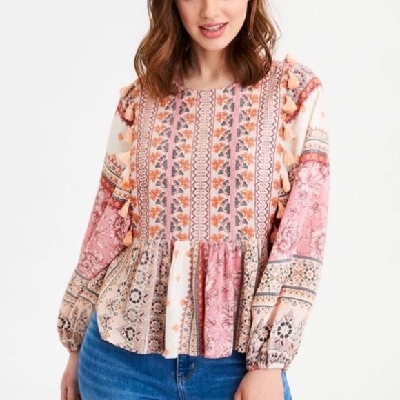 AEO Embroidered Balloon Sleeve Tassel Peasant Patchwork Peplum Top - Picture 2 of 11